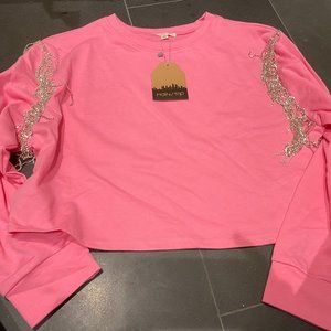 Women's Hot Pink Long Sleeve Crop with Silver Fring